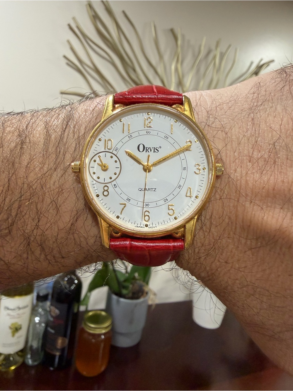 Orvis Dual Time Watch Gold Tone White Dial Red Leather Band 20mm Unisex